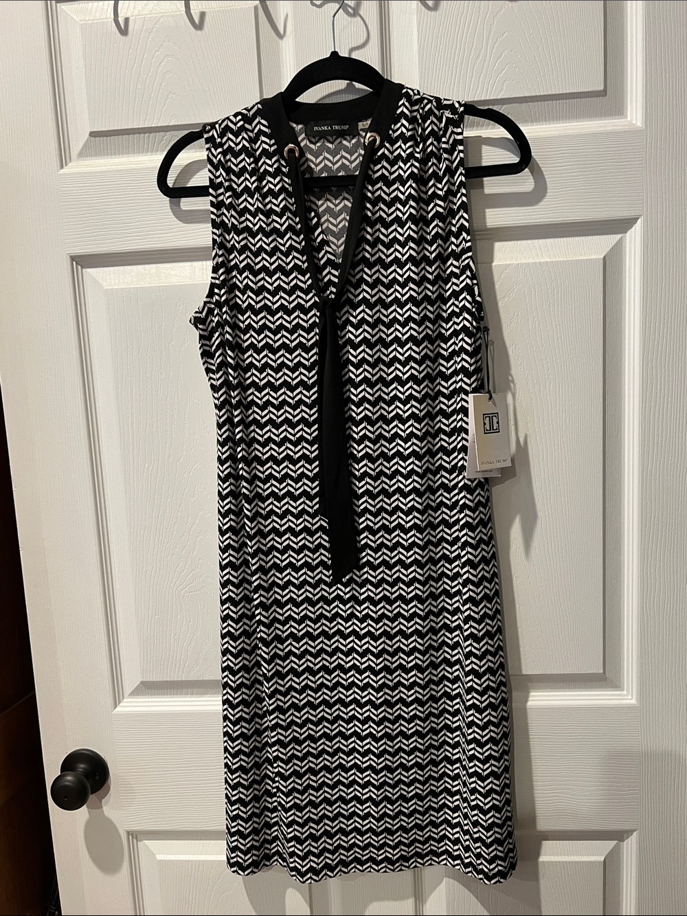Ivanka Trump Black and White Chevron Tie-Neck Midi Dress